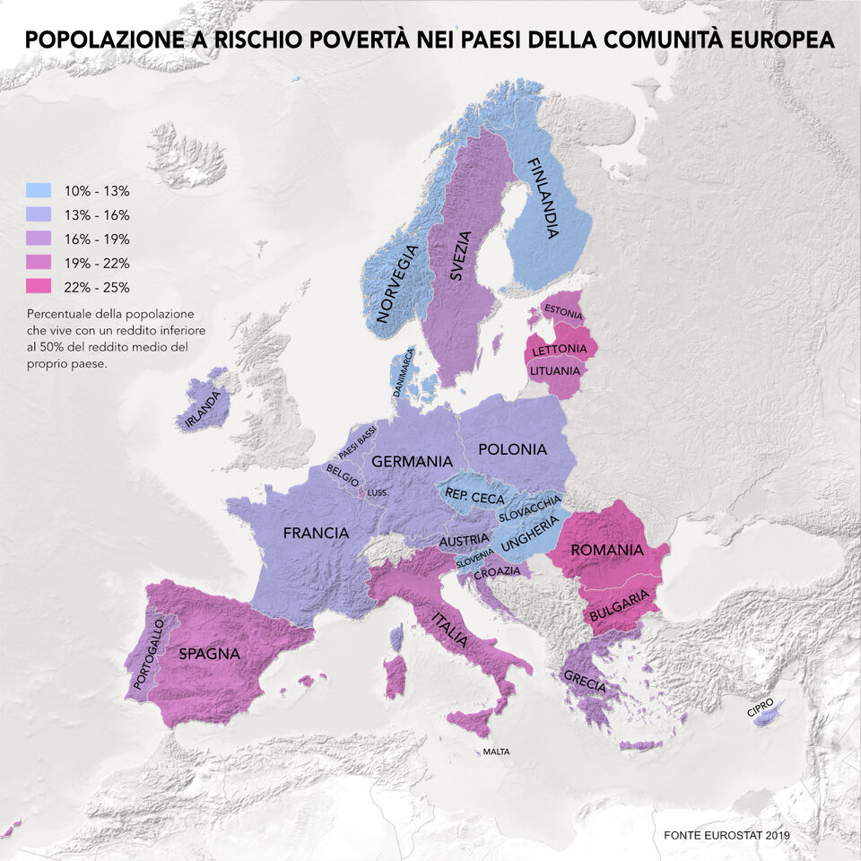 Carte a supporto della geostatistica: Popolazione a rischio povertà nei paesi della comunità Europea